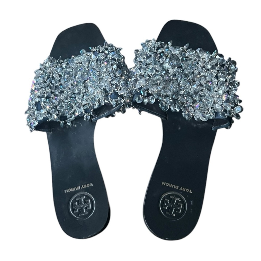 Tory Burch Logan Navy Blue Swarovski  Embellished Satin Slide Sandals Women 6.5M